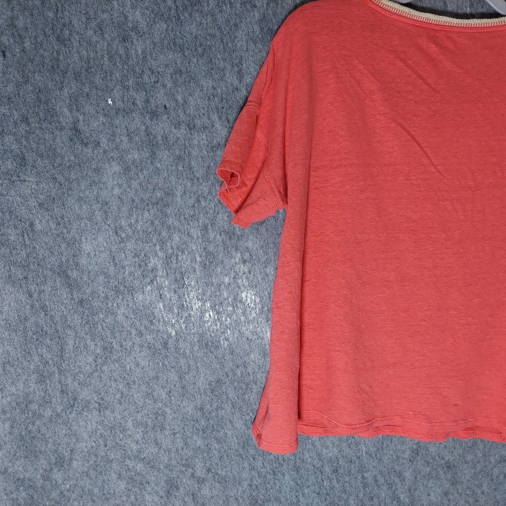 Chicos Women 100% Linen Top 1 M Pink Coastal MinimalistMetallic Trim Short Slve - Picture 7 of 9